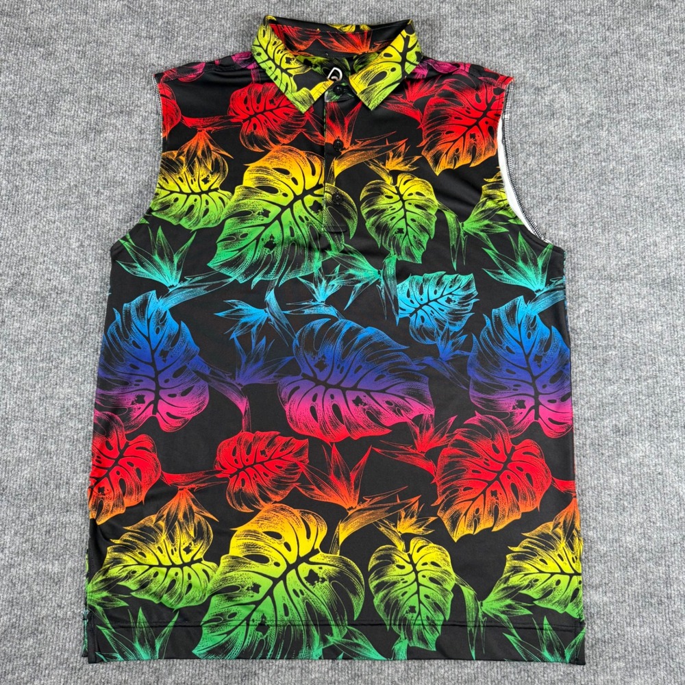 Tropical‎ Rainbow Sleeveless Button Up Shirt Medium Leaf Colorful Summer Office
